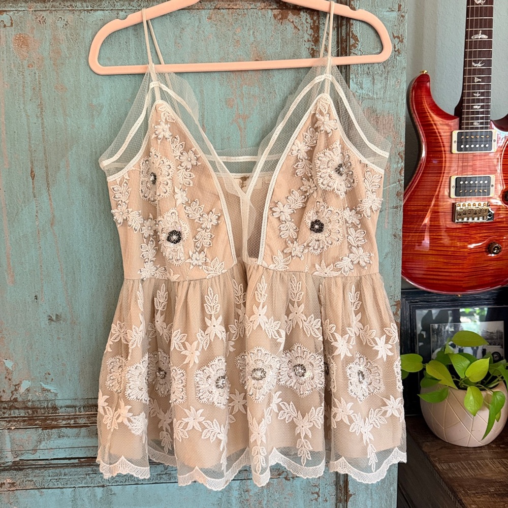 Let Me Be Sheer Beaded Cream & Beige Panel Tank Top – Size M